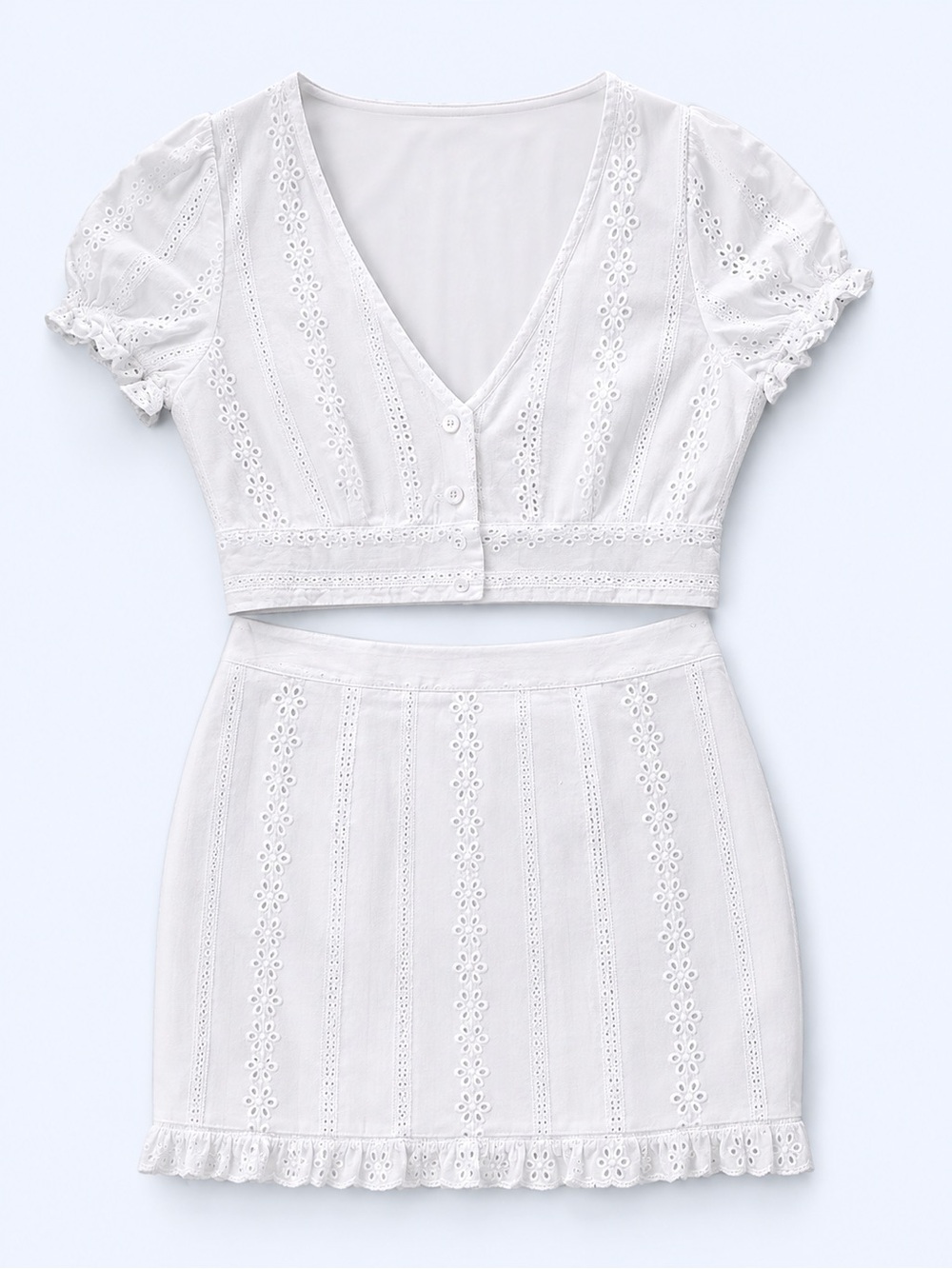 Fashion Nova White Eyelet Crop Top & Mini Skirt Set